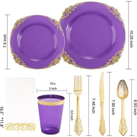 175PCS Clear Purple Plastic Plates - Gold Plastic Plates for 25 Guests - Picture 5 of 6